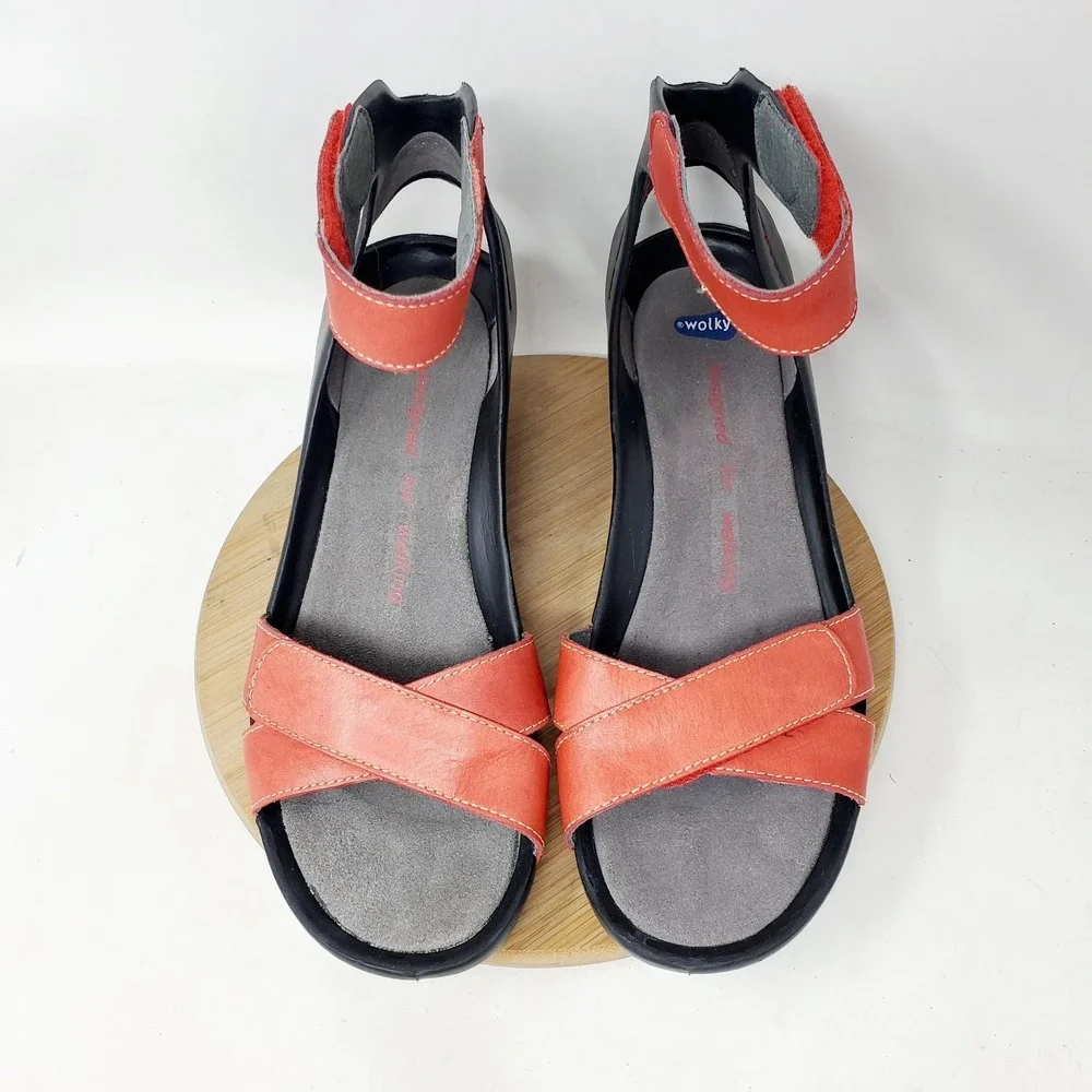Wolky Era Wedge Sandals Womens 41 Red Leather Black Adjustable Ankle Strap Shoes